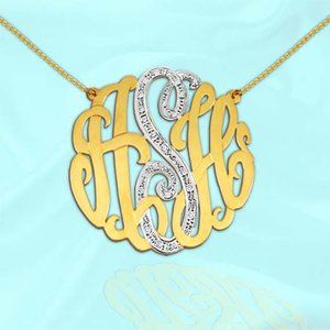 CZ Monogram Necklace - 1.25 inch Sterling Silver 24K Gold Plated